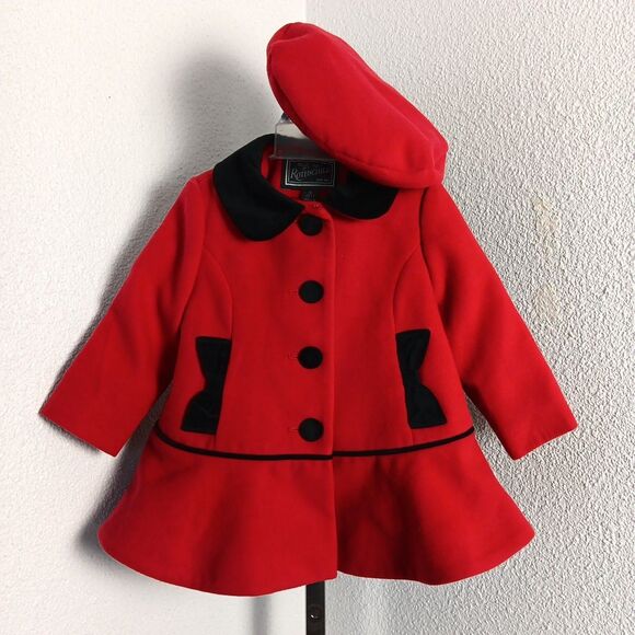 Rothschild Button Up Peacoat & Beret Size 2T Scarlet Red & Black Velvet Trim New - Picture 1 of 16
